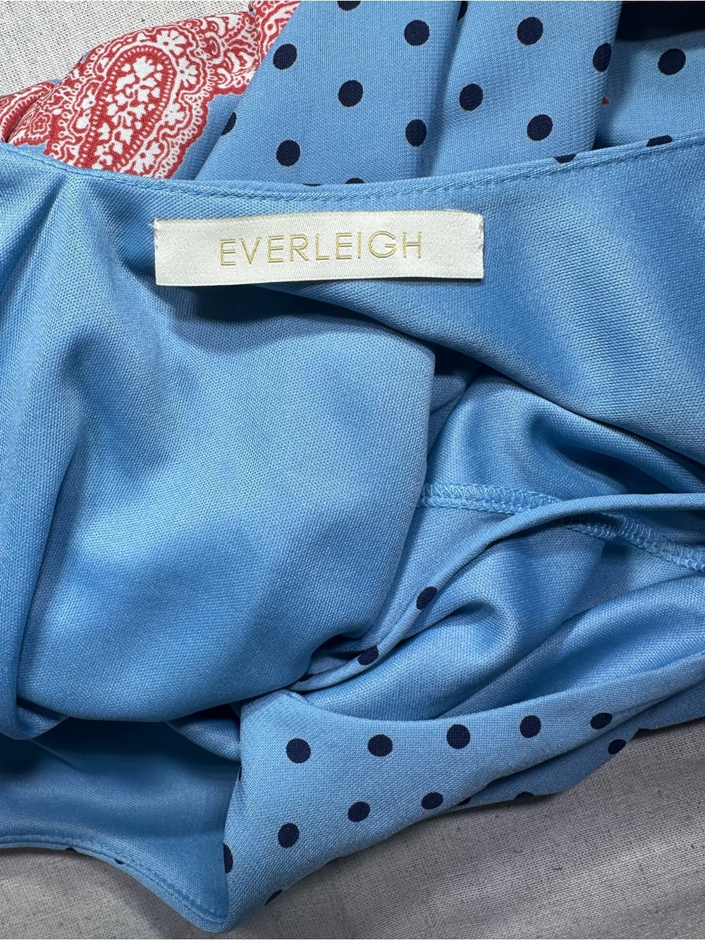 Everleigh Blue Polka Dot Satin Dress with Pink Paisley Hem women’s size Small - Picture 5 of 6